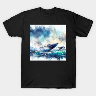 Artistic illustration of speed boats racing off the coast T-Shirt